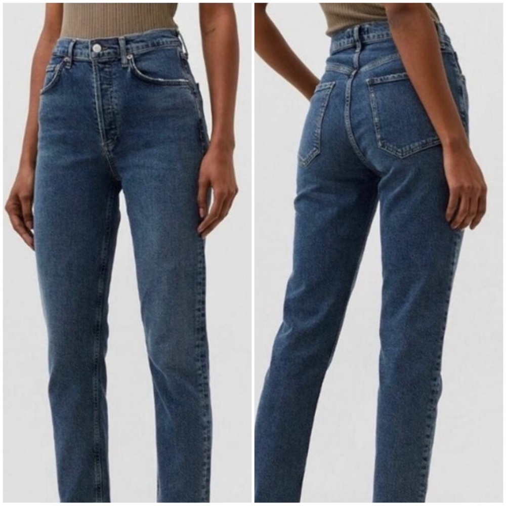 AGOLDE Women’s Size 28 Dark Wash Riley Long High Rise Straight Jeans Button Fly